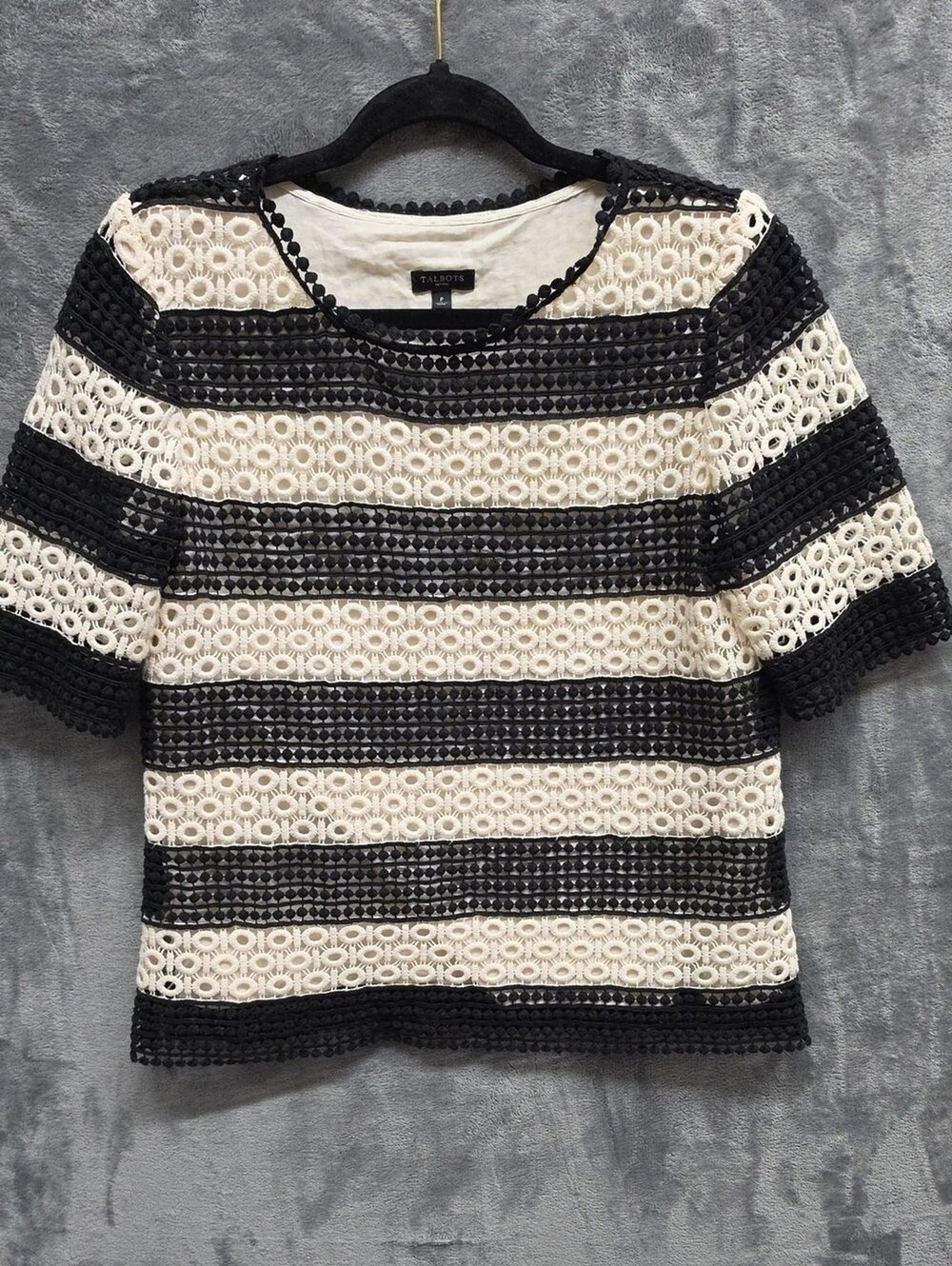 Talbots Black and White Crochet Stripe Short Sleeve Blouse sz P